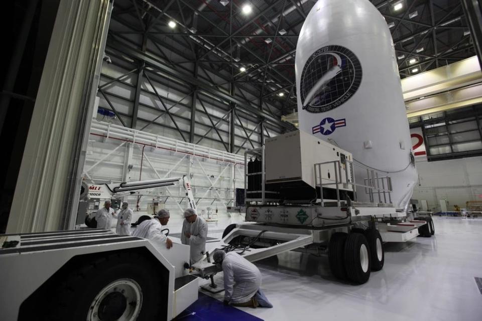 An X-37B Orbital Test Vehicle en route to the staging area ahead of its launch.