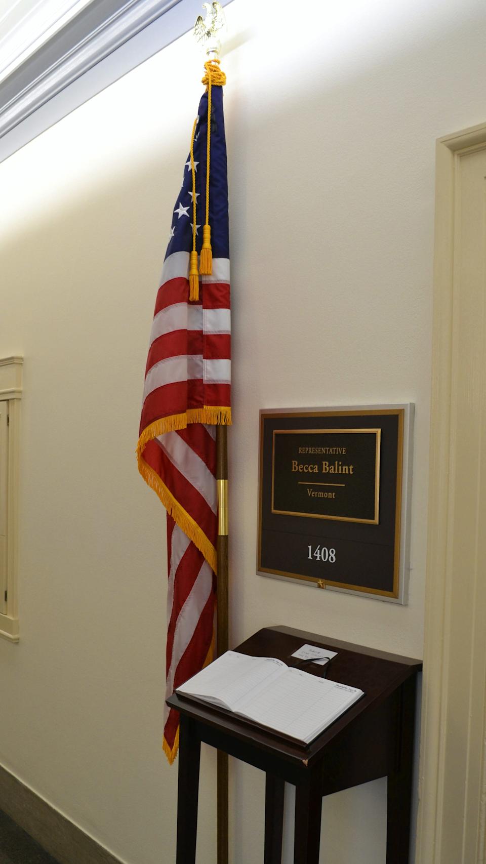 Congresswoman Becca Balint (Vermont-D) keeps a guest book outside her office in the Longworth House Office Building.