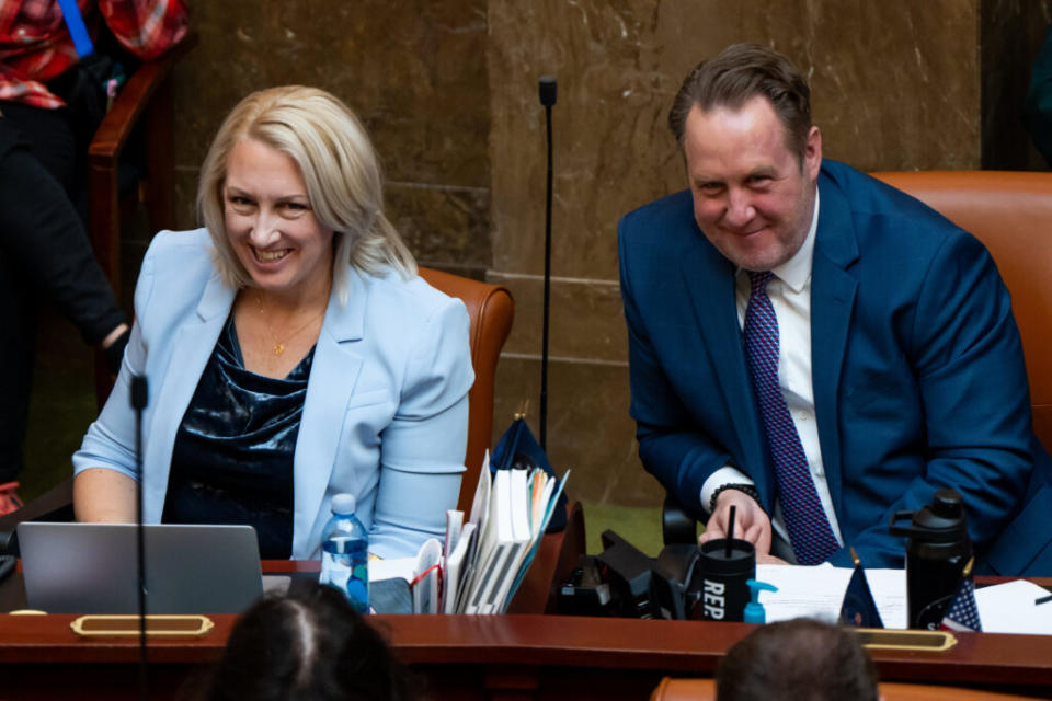  House Majority Whip Karianne Lisonbee, R-Clearfield, and Majority Leader Jefferson Moss, R-Saratoga Springs, are pictured on the first day of the legislative session at the Capitol in Salt Lake City on Tuesday, Jan. 16, 2024. (Photo by Spenser Heaps for Utah News Dispatch)