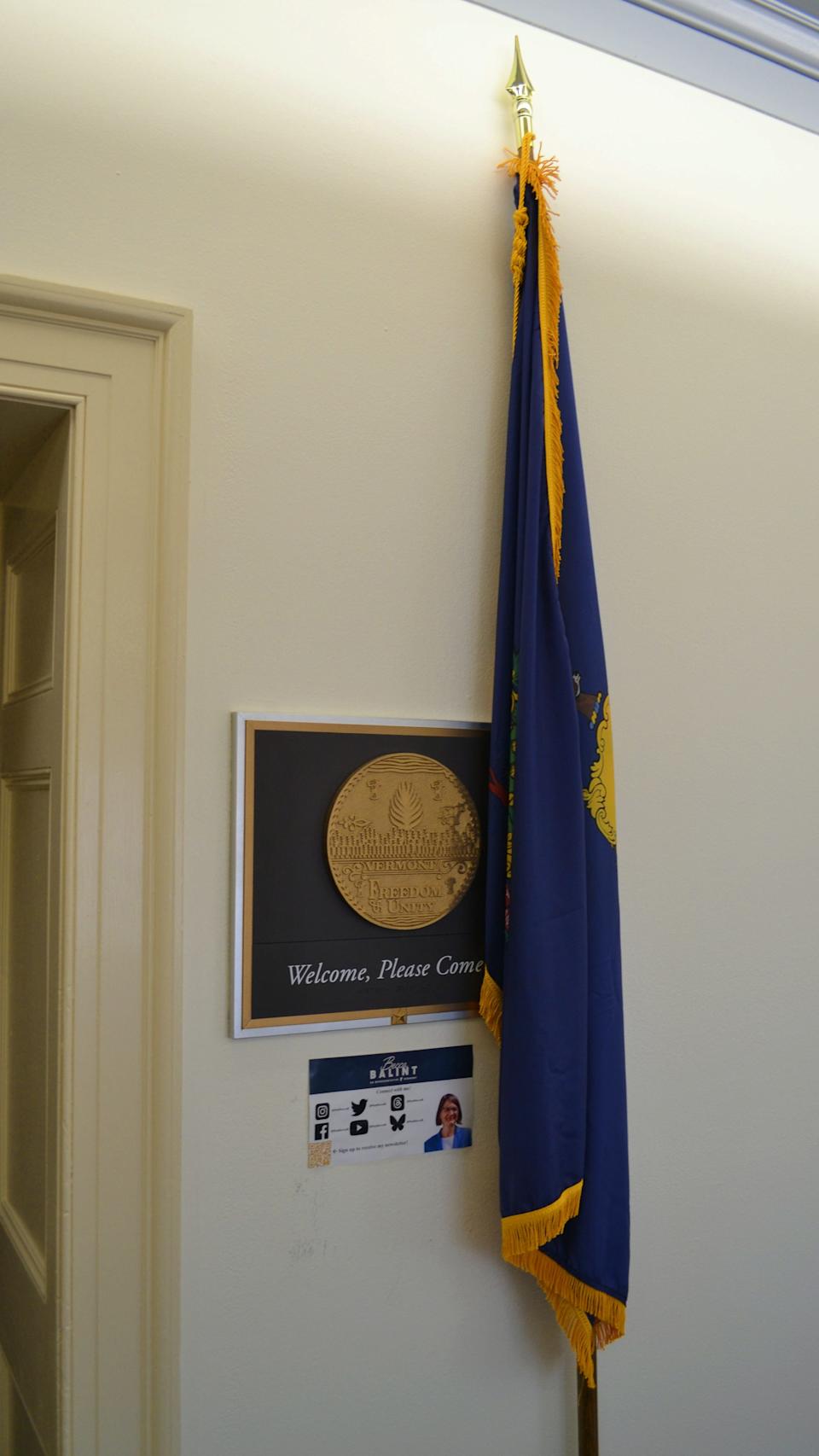 The Vermont flag is positioned outside Congresswoman Becca Balint (Vermont-D) in the Longworth Office Building for the House of Representative on Dec. 17, 2024.