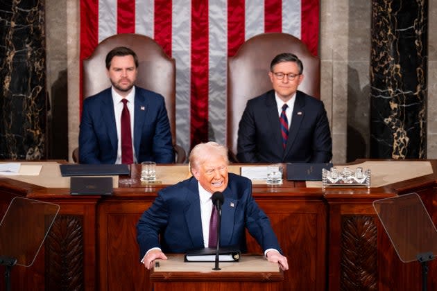 UNITED STATES - MARCH 4: President Donald Trump delivers his address to a joint session of Congress in the U.S. Capitol on Wednesday, March 4, 2025. Vice President JD Vance, left, and Speaker of the House Mike Johnson, R-La., listen behind. (Bill Clark/CQ-Roll Call, Inc via Getty Images)