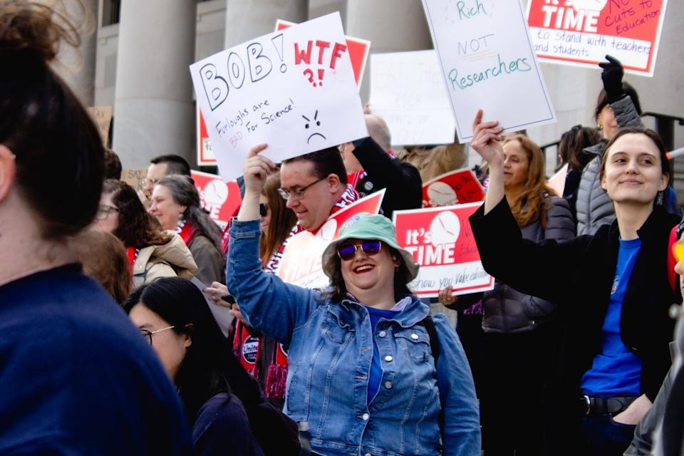  Brendy Fountaine feels betrayed by Gov. Bob Ferguson for proposing furloughs to state government employees and educators as a way to overcome a projected shortfall in the state budget. (Photo by Jacquelyn Jimenez Romero/Washington State Standard)