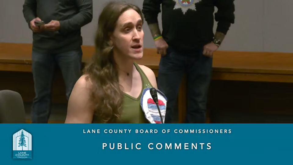 Transgender activist Anna Lardner speaks to the Lane County Board of Commissioners March 13, 2025 to advocate for county protection from the Trump administration.