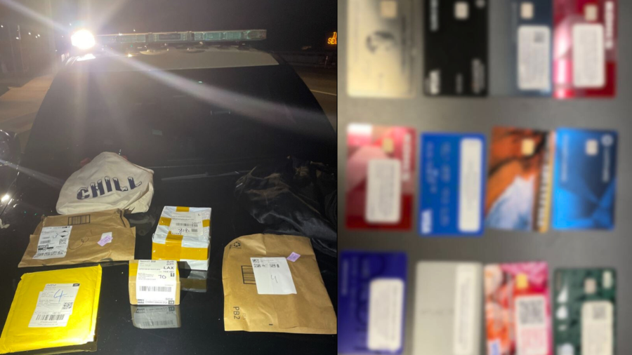 A collection of stolen items including EBT cards, passports, credit cards and evidence of alleged identity theft were found inside the suspects’ vehicle during their arrest in Irvine on March 8, 2025. (Irvine Police Department)