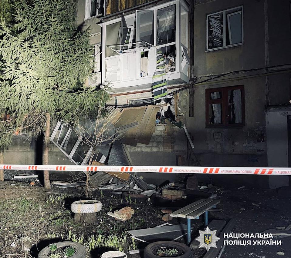 Police tape cordons off a catastrophically damaged apartment building in Kropyvnytskyi, Kirovohrad Oblast, in Ukraine after an overnight Russian attack on March 19, 2025.