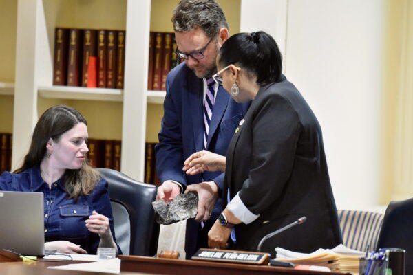  Del. Nicholaus R. Kipke (R-Anne Arundel) and House Helath and Government Operations Chair Joseline Peña-Melnyk (D-Prince George’s and Anne Arundel) examine chromite samples. The committee voted unanimously Friday to send the bill to the full House. (Photo by Bryan P. Sears/Maryland Matters)