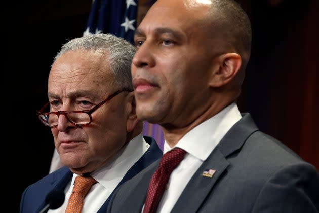 WASHINGTON, DC - FEBRUARY 04: U.S. Senate Minority Leader Charles Schumer (D-NY (L) and House Minority Leader Hakeem Jeffries (D-NY) speaks at a press conference to introduce the Stop The Steal Act at the U.S. Capitol on February 04, 2025 in Washington, DC. The legislation, according to the Democratic leadership, is designed to combat Elon Musk's Department of Government Efficiency (DOGE) by preventing unlawful access to the Treasury Department's payment systems. (Photo by Kevin Dietsch/Getty Images)