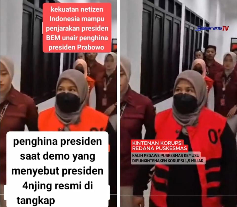 <span>Screenshot comparison of the falsely shared video (L) and the Semarang TV clip</span>