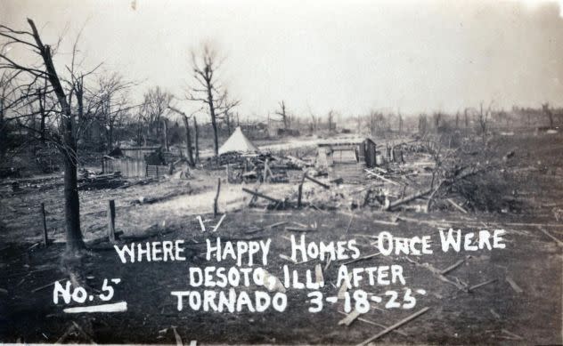 A look at the aftermath of the tornado in De Soto, Illinois. Printed on the photograph were the words "Where happy homes once were."(NWS/Jackson County Historical Society)