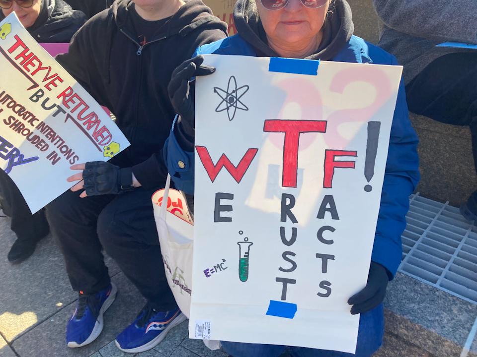 Science faculty and students from New Jersey colleges protested on March 7 against cuts by the Trump administration to federal research grant funding.