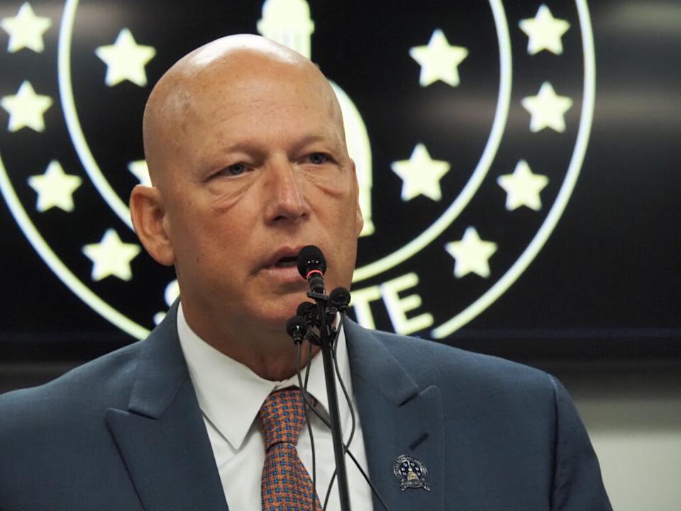  Sen. Mike Crider, R-Greenfield, speaks at an Oct. 1, 2024 press conference. (Whitney Downard/Indiana Capital Chronicle)