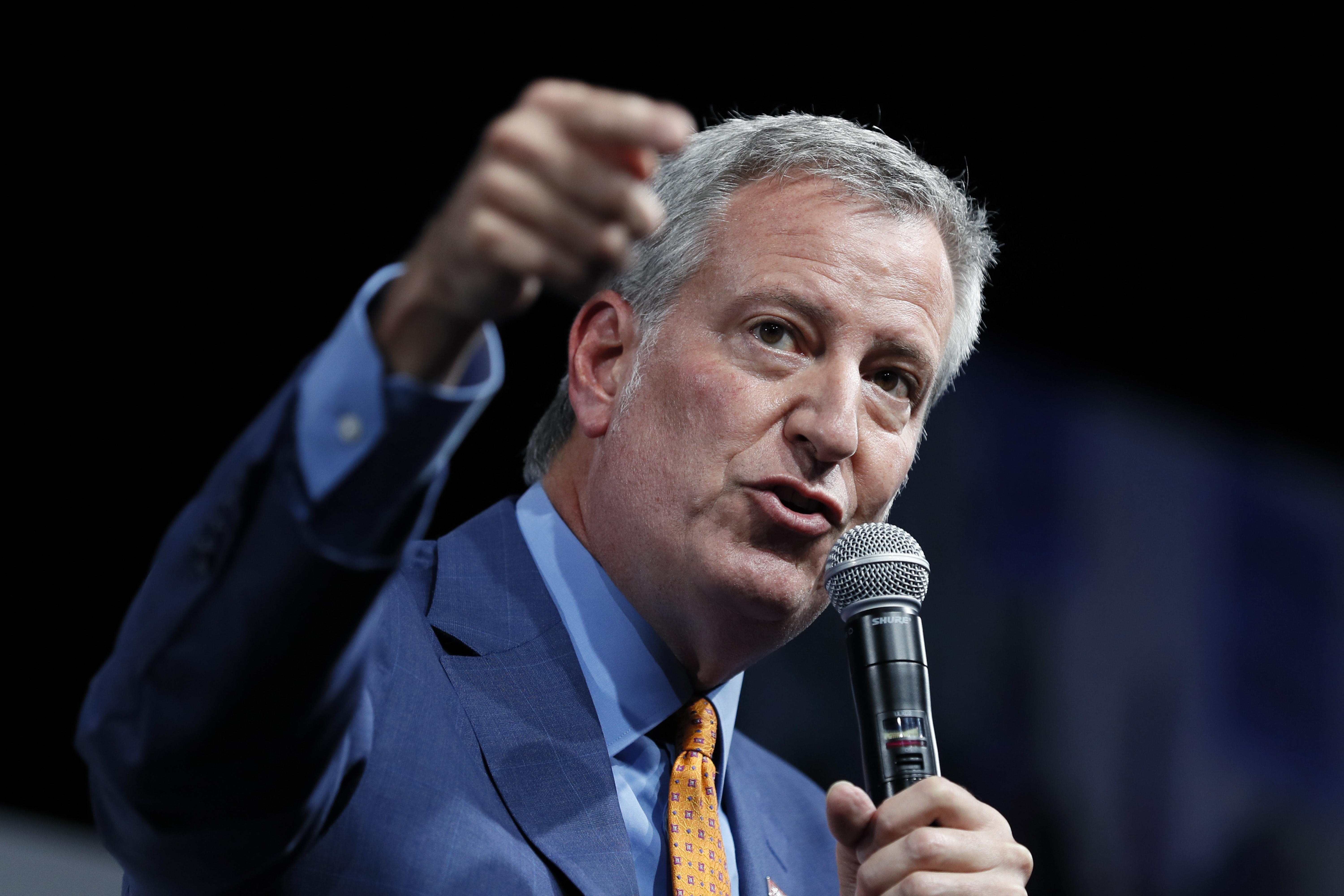 Former New York City Mayor Bill de Blasio speaks at the Presidential Gun Sense Forum, Aug. 10, 2019, in Des Moines, Iowa. 