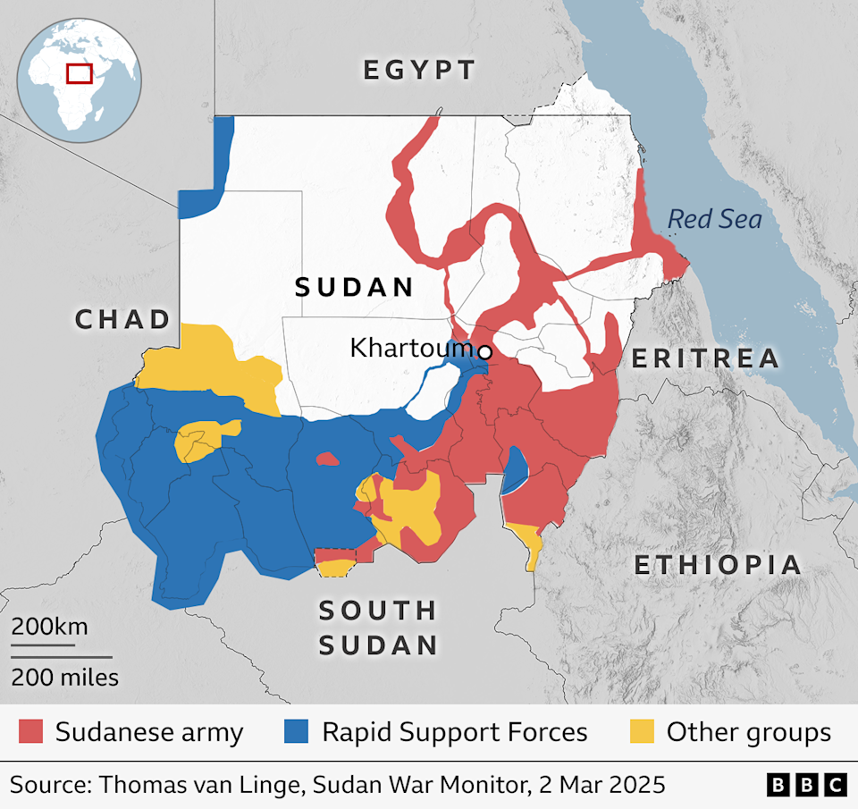 A map of Sudan showing which areas the army, RSF and other groups control