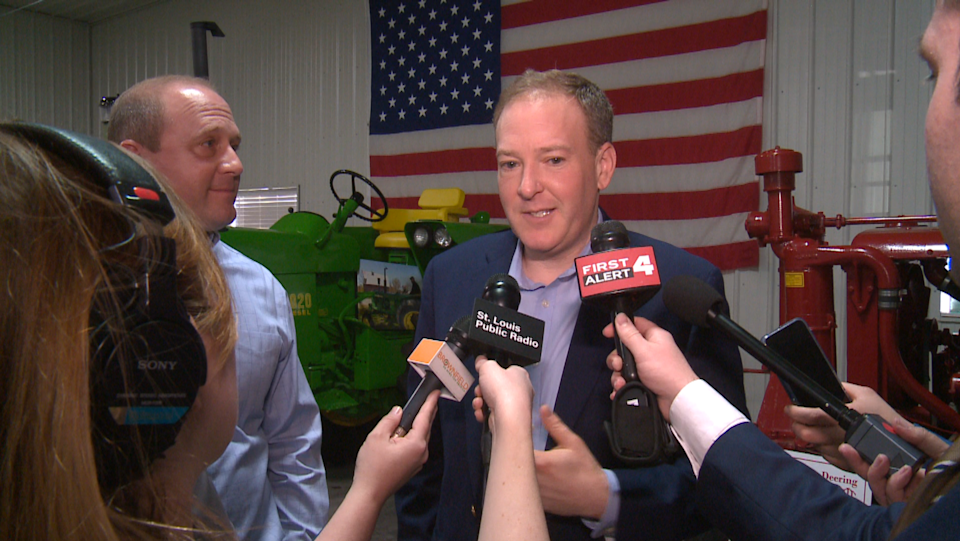 EPA administrator Lee Zeldin fields questions from reporters as part of a visit to a farm outside St. Louis, Mo. to discuss wetland regulation changes under the Trump administration.