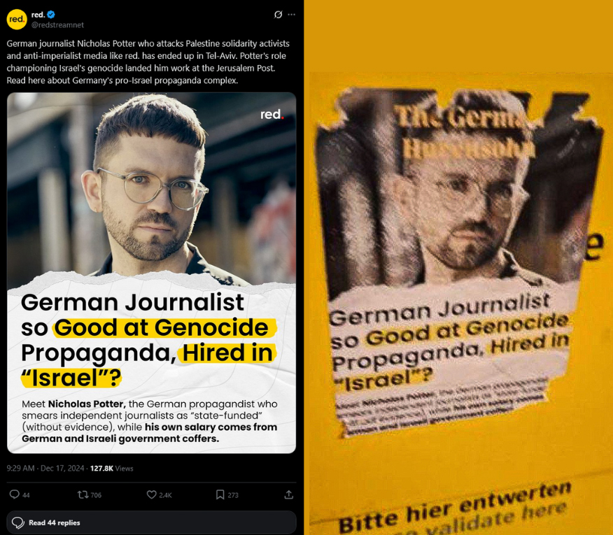 Side-by-side of red. media post about Nicholas Potter and modified sticker version seen in Germany