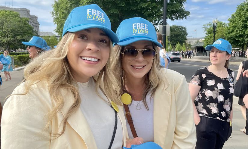 Supporters of religious charter schools gathered outside the court for a rally organized by EdChoice. (Linda Jacobson/The 74)