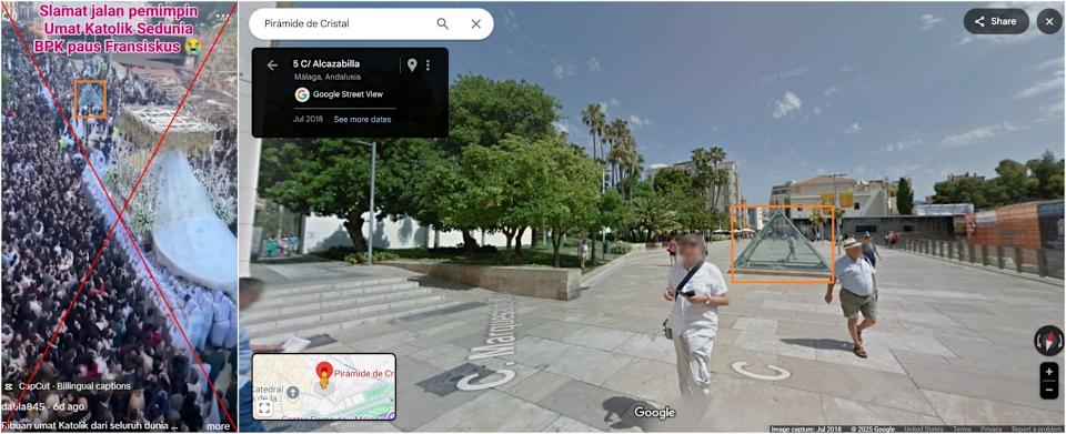 <span>Screenshot comparison of the falsely shared video (left) and Pirámide de Cristal as seen on Google Street View (right), with the pyramid highlighted by AFP</span>