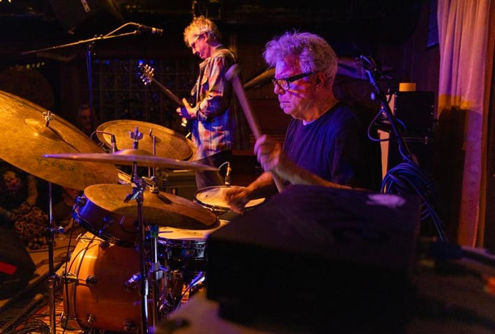 Mike Baggetta (left) and Stephen Hodges (right) perform on stage with mssv. Wednesday, April 16, 2025 at The Hideout in Chicago, IL (Photo by Barry Brecheisen)
