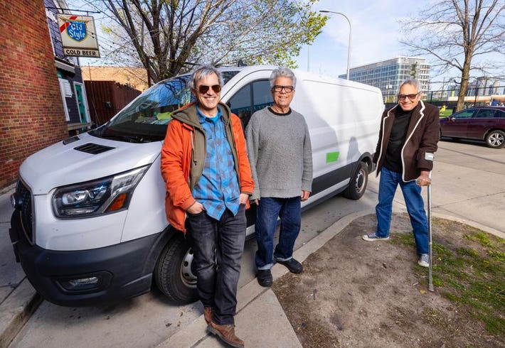 (Left to right) Mike Baggetta, Stephen Hodges and Mike Watt of mssv pose prior to a performance at The Hideout. Wednesday, April 16, 2025 in Chicago, IL (Photo by Barry Brecheisen)