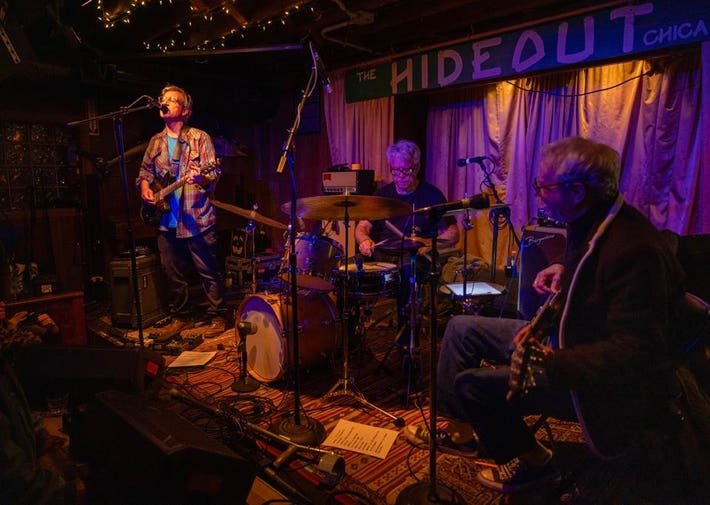 (Left to right) Mike Baggetta, Stephen Hodges and Mike Watt of mssv perform on stage at The Hideout. Wednesday, April 16, 2025 in Chicago, IL (Photo by Barry Brecheisen)