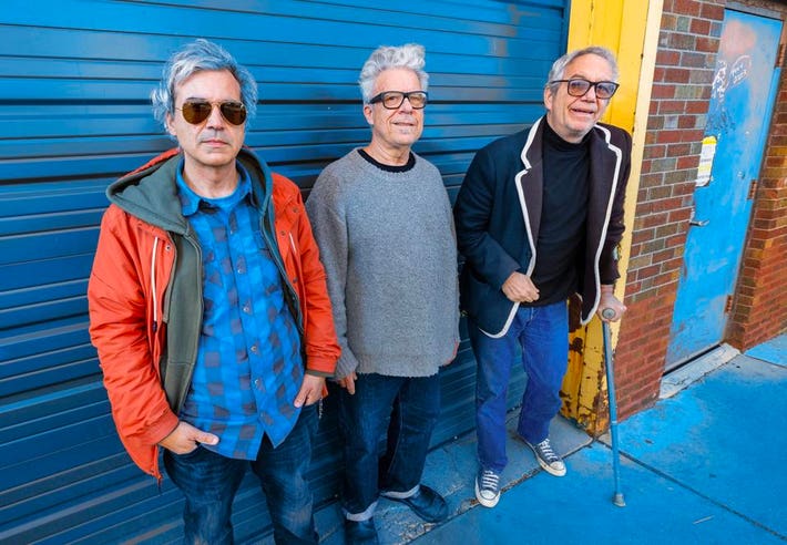(Left to right) Mike Baggetta, Stephen Hodges and Mike Watt pose prior to an mssv performance at The Hideout. Wednesday, April 16, 2025 in Chicago, IL (Photo by Barry Brecheisen)
