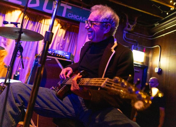 Mike Watt of mssv performs on stage at The Hideout. Wednesday, April 16, 2025 in Chicago, IL (Photo by Barry Brecheisen)