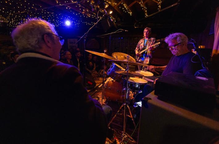 (Left to right) Mike Watt, Mike Baggetta and Stephen Hodges of mssv perform on stage at The Hideout. Wednesday, April 16, 2025 in Chicago, IL (Photo by Barry Brecheisen)