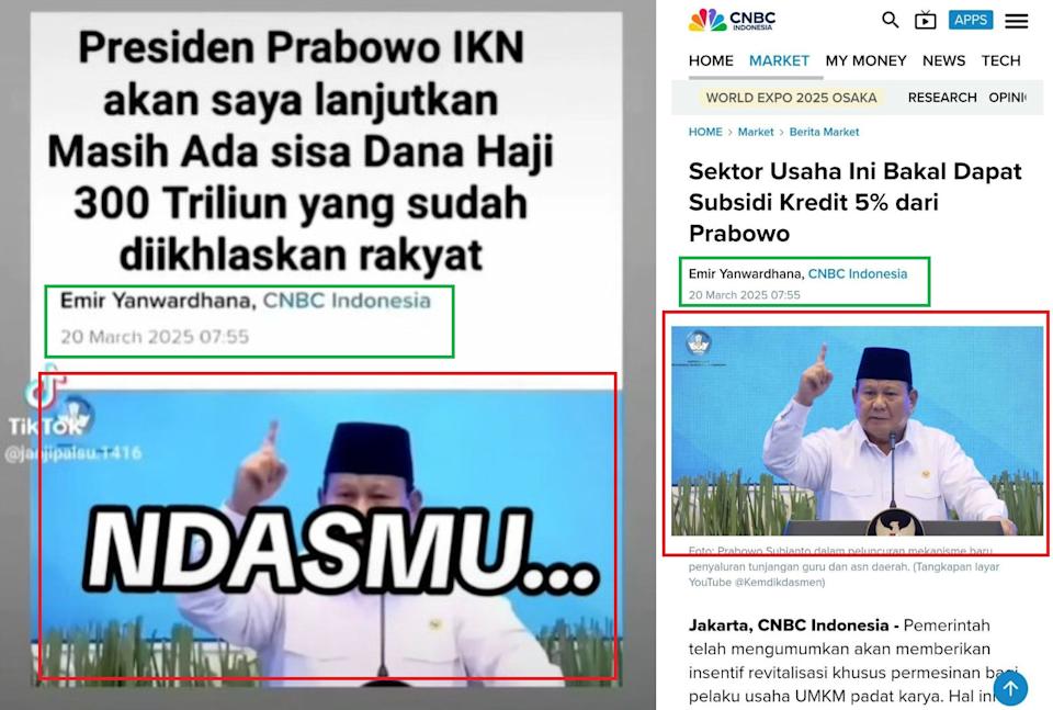 <span>Screenshot comparison between the fake report (L) and the original CNBC Indonesia article with similarities highlighted by AFP</span>