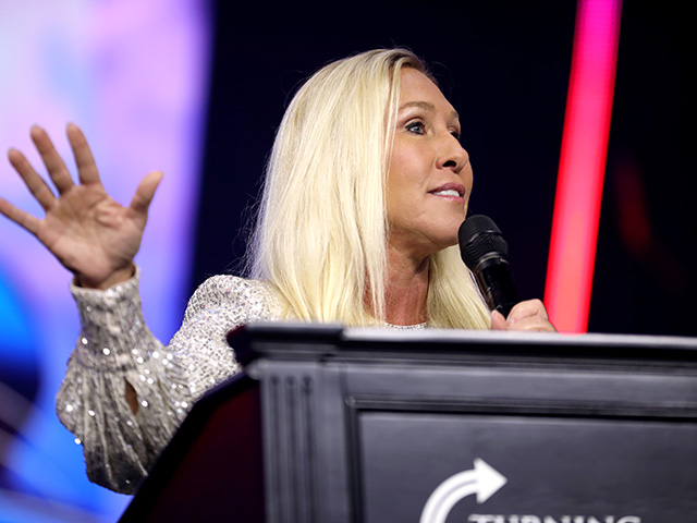 U.S. Congresswoman Marjorie Taylor Greene speaking with attendees at The People's Convention at Huntington Place in Detroit, Michigan. on June 15, 2024. (Gage Skidmore/Flickr)