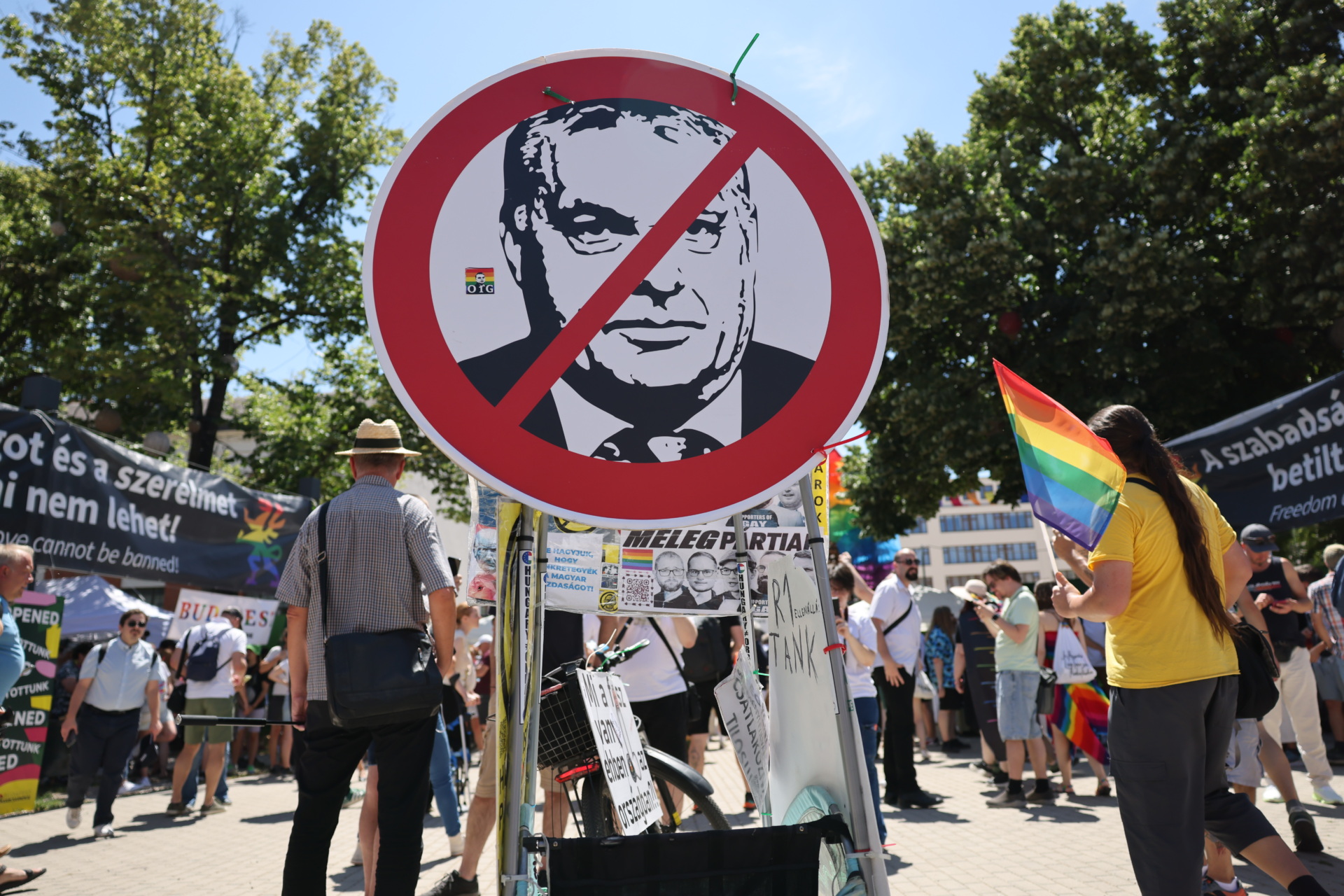 BUDAPEST, HUNGARY - JUNE 28: A banner shows Viktor Orban at the beginning of the Budapest Pride on June 28, 2025 in Budapest, Hungary. Early in 2025, Hungary passed a law restricting the freedom of assembly by connecting it to a previous law from 2021 prohibiting the public portrayal to children of 'divergence from self-identity corresponding to sex at birth, sex change or homosexuality'. Consequently, events such as Pride marches are illegal in the country. The LGBTQ+ community are defying the ban and holding their Pride event on the streets of Budapest. (Photo by Janos Kummer/Getty Images)