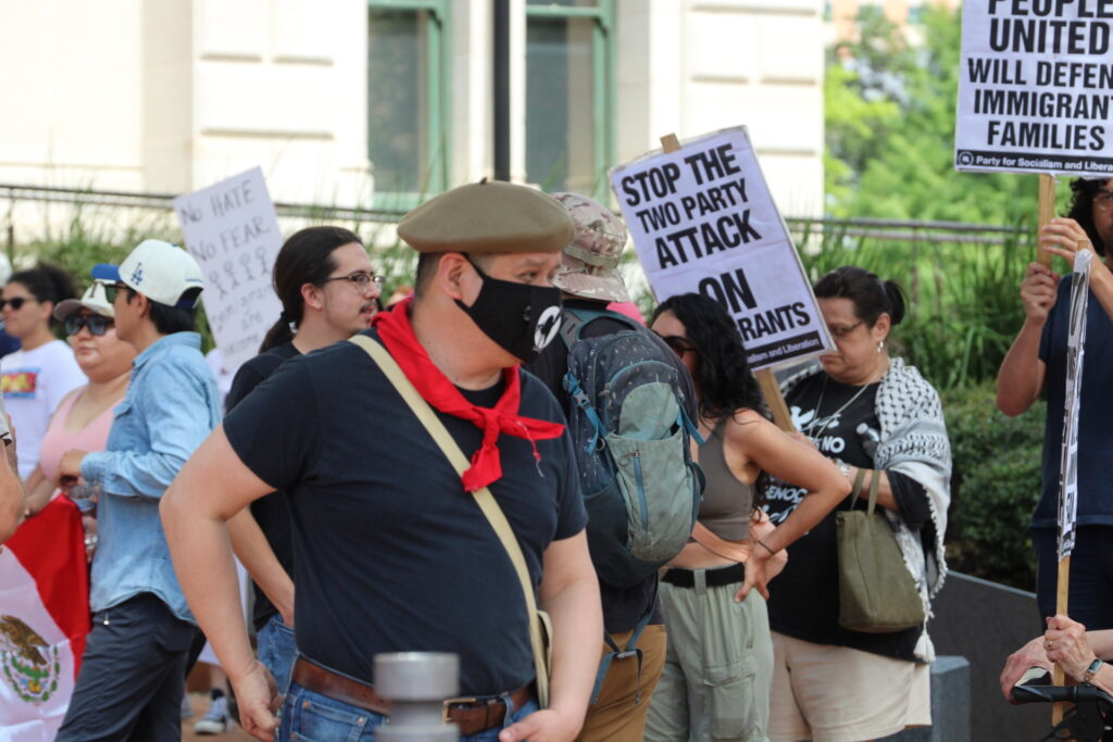 Protester dresses in traditional socialist garb at anti-ICE protest in San Antonio, Photo by Randy Clark (Randy Clark/Breitbart Texas)