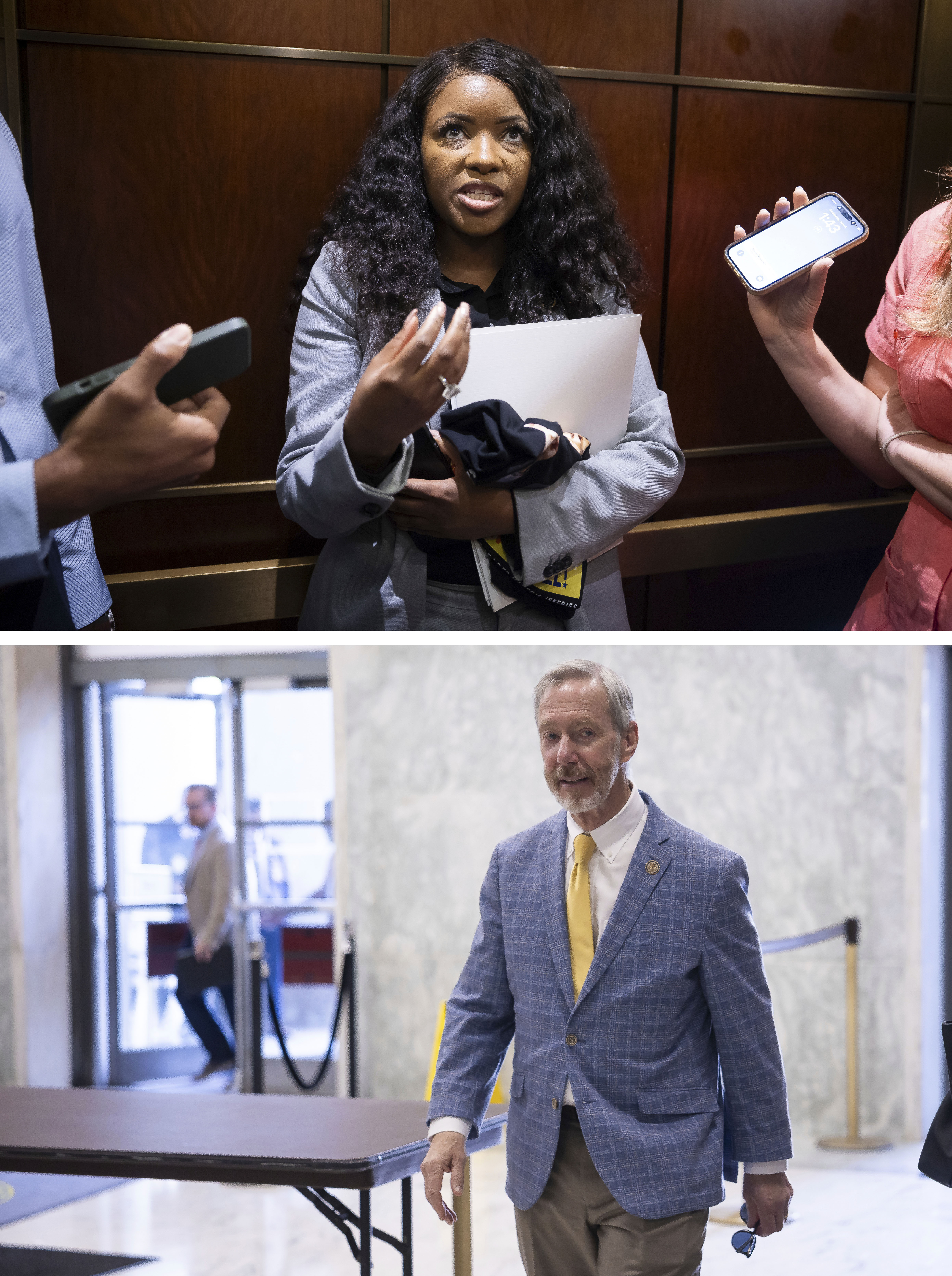 Rep. Jasmine Crockett (D-Texas), top, and Rep. Stephen Lynch (D-Mass.) on Capitol Hill in Washington, June 4, 2025.