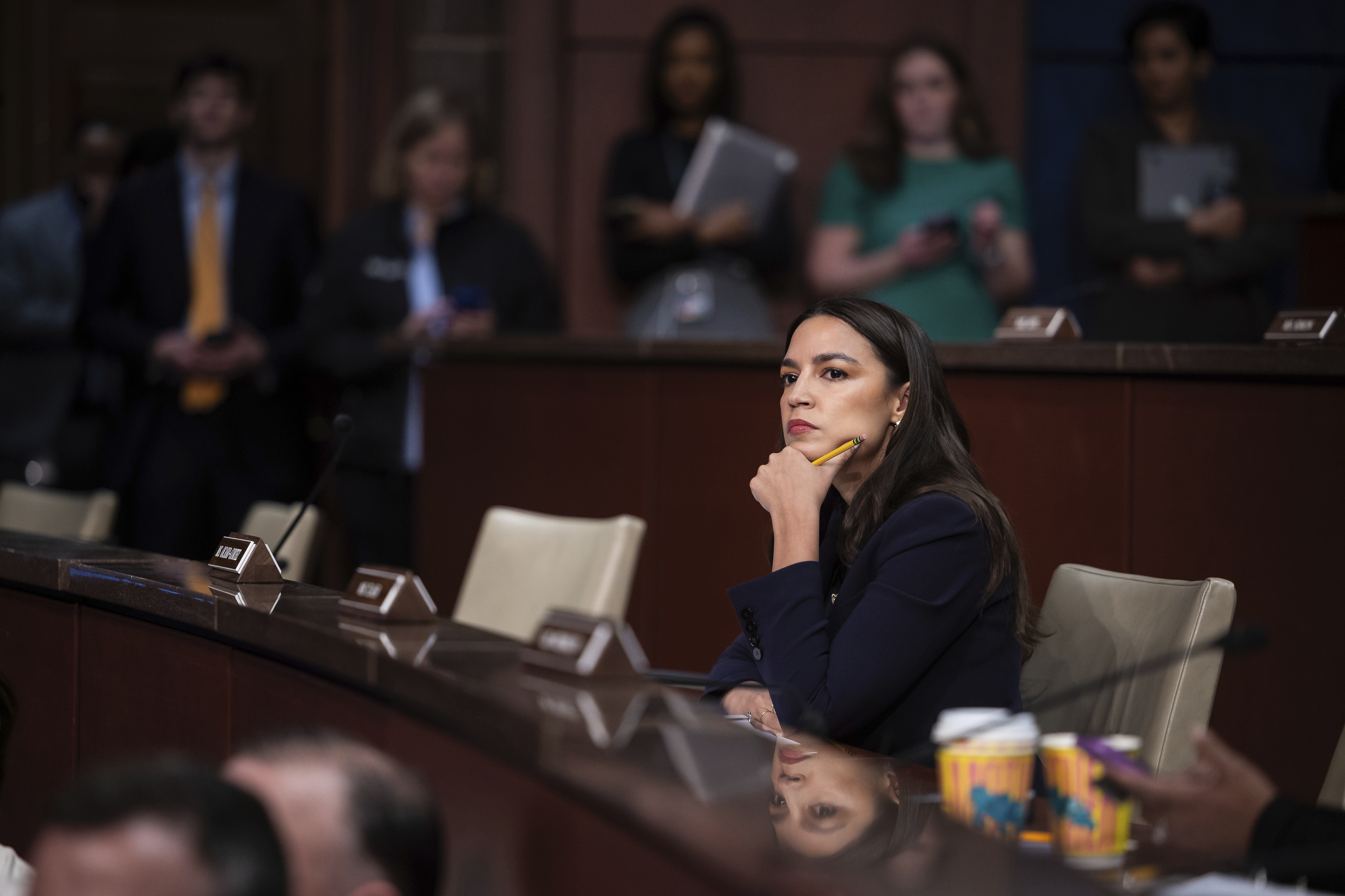Rep. Alexandria Ocasio-Cortez (D-N.Y.) looks on during a House Oversight and Government Reform Committee hearing on sanctuary cities on Capitol Hill March 5, 2025.