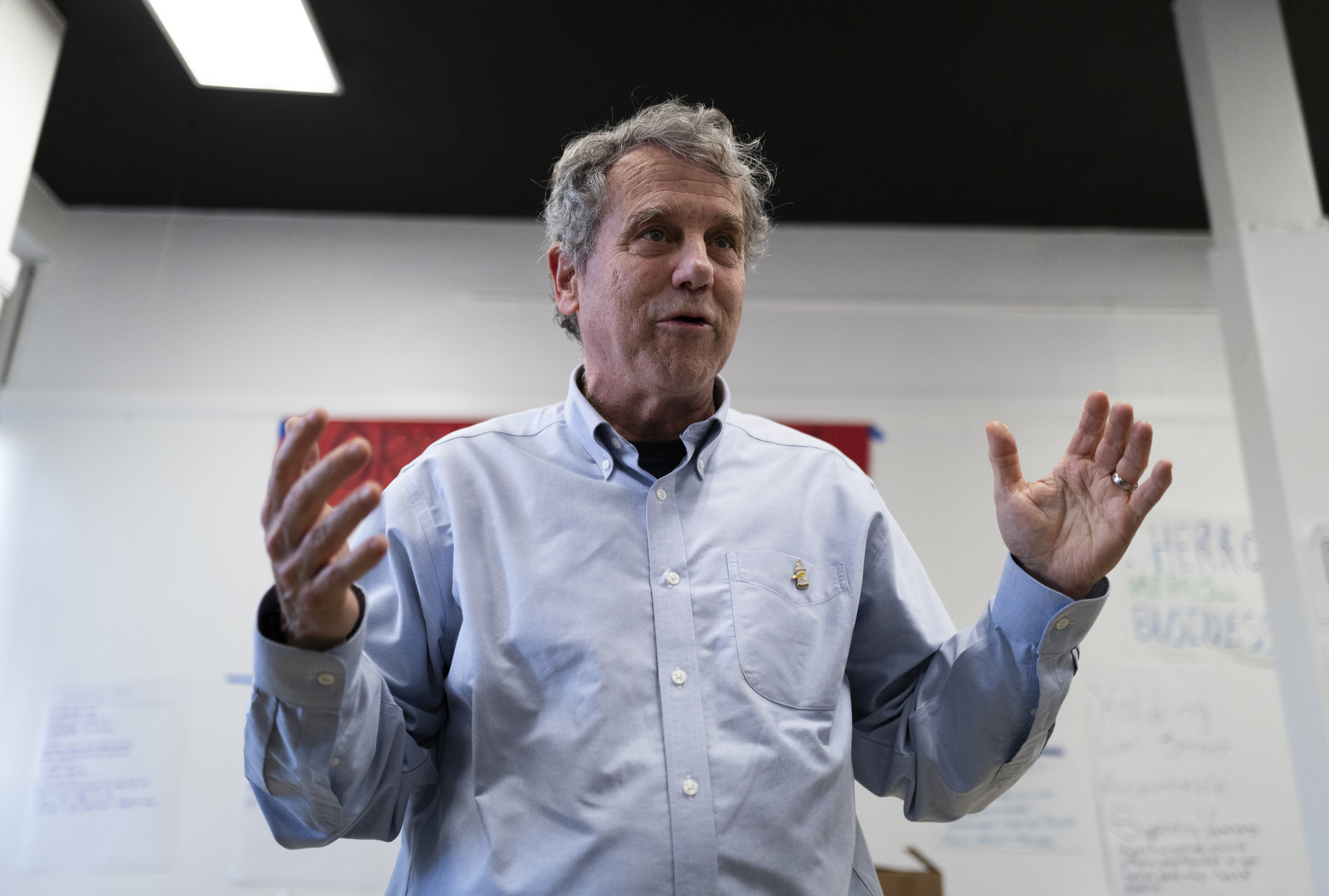 Former Sen. Sherrod Brown (D-Ohio) addresses volunteers at a campaign office on Nov. 4, 2024, in Cleveland Heights, Ohio.