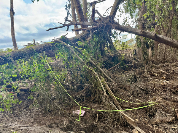 Yellow caution ribbon marks area where cadaver canine alerted on debris pile (Rescue Volunteer Kyle Sinclair)