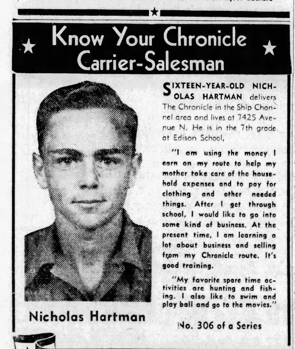 Nicholas Hartman -- Houston Chronicle Delivery Boy (U.S. Department of Defense)