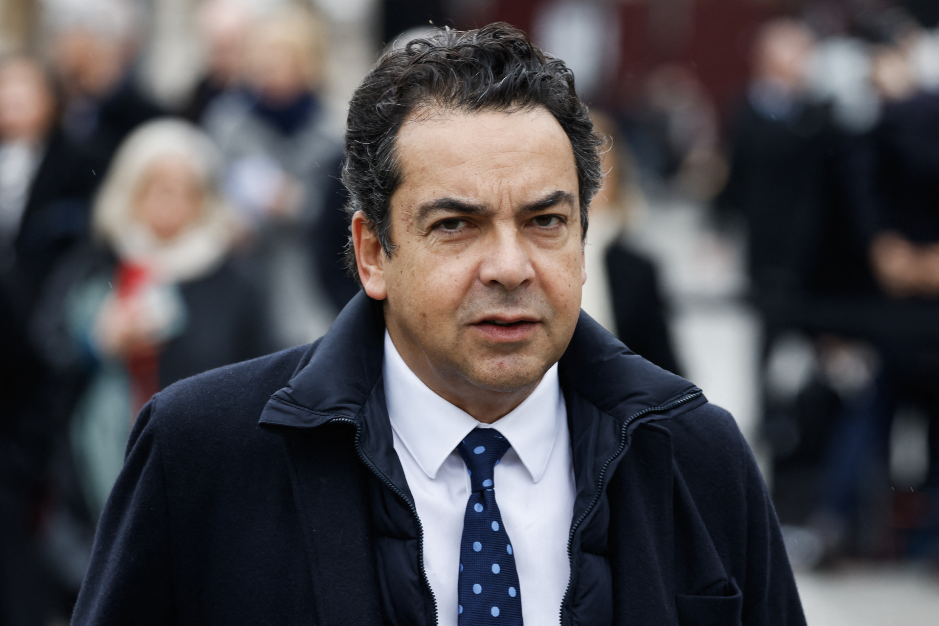 French journalist Patrick Cohen arrives to attend a national tribute ceremony in honour of late French Justice Minister Robert Badinter, outside the Ministry of Justice, at the Place Vendome, in Paris on February 14, 2024. Badinter, who died on February 9, 2024, at the age of 95, saved many lives by dedicating his own to the fight against capital punishment, playing a pivotal role in banning the guillotine in 1981. (Photo by Ludovic MARIN / AFP) (Photo by LUDOVIC MARIN/AFP via Getty Images)