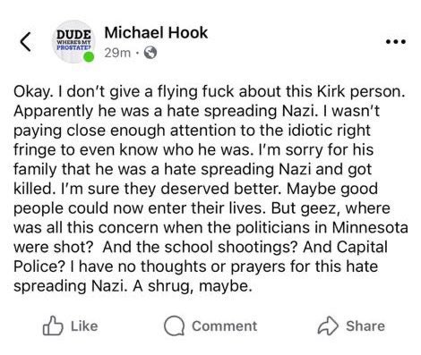 Social media post expressing strong opinions about a controversial figure, criticizing the focus on one individual's death while highlighting broader societal issues like school shootings and political violence.