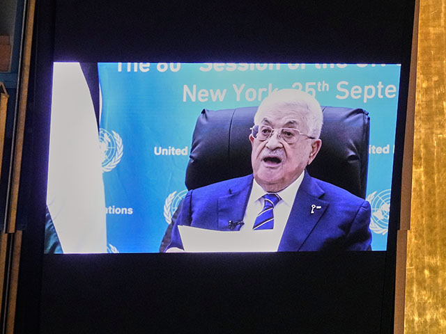 Title: UN General Assembly Image ID: 25268509132617 Article: Palestinian President Mahmoud Abbas addresses the 80th session of the United Nations General Assembly via video, Thursday, Sept. 25, 2025. (AP Photo/Richard Drew)