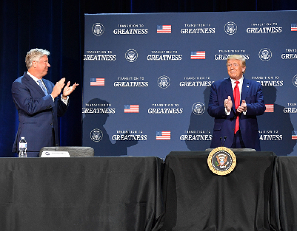 US President Donald Trump appeared onstage with Pastor Robert Morris, during a roundtable with faith leaders, law enforcement officials, and small business owners at Gateway Church Dallas Campus in Dallas, Texas, on June 11, 2020. (Photo by Nicholas Kamm / AFP) (Photo by NICHOLAS KAMM/AFP via Getty Images)