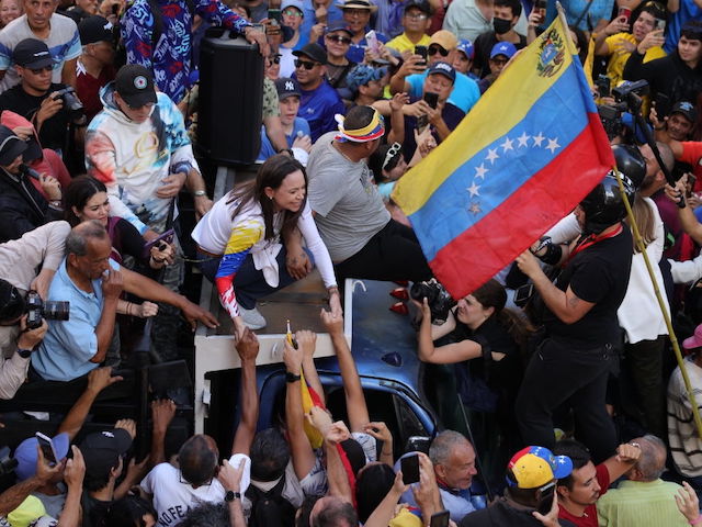 09 January 2025, Venezuela, Caracas: Venezuelan opposition leader Maria Corina Machado is leading a demonstration against the re-inauguration of authoritarian President Maduro this Friday. Machado had left her safe house for the first time in months to join the protests. Photo: Jesus Vargas/dpa (Photo by Jesus Vargas/picture alliance via Getty Images)
