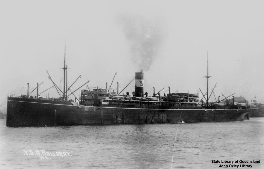 Blue Anchor Line 11,120 GRT passenger steamship Ballarat: built in 1911 by Caird & Co of Greenock, Scotland and sunk by a U-boat in 1917.