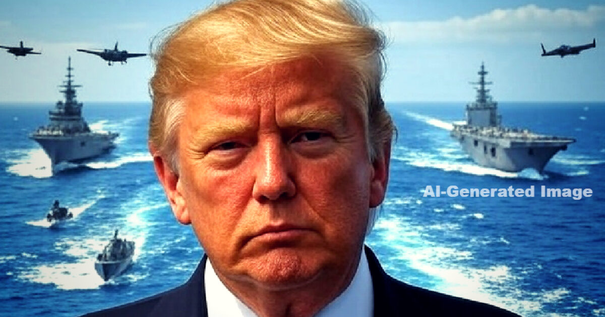 Close-up of a serious man with a naval fleet and aircraft in the background, emphasizing military themes and leadership.