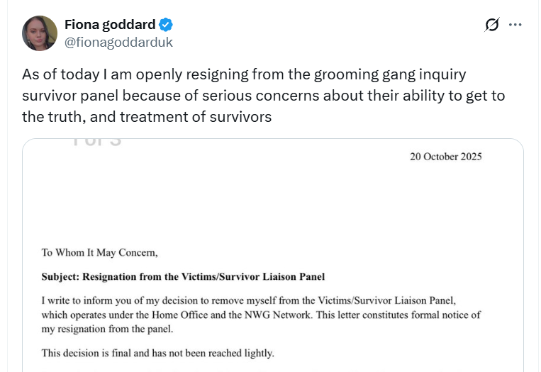 Resignation letter from Fiona Goddard addressing concerns about the grooming gang inquiry survivor panel's effectiveness and treatment of survivors, dated October 20, 2025.
