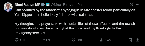 Tweet from Nigel Farage expressing horror over a synagogue attack in Manchester on Yom Kippur, offering condolences to affected families and thanking emergency services.