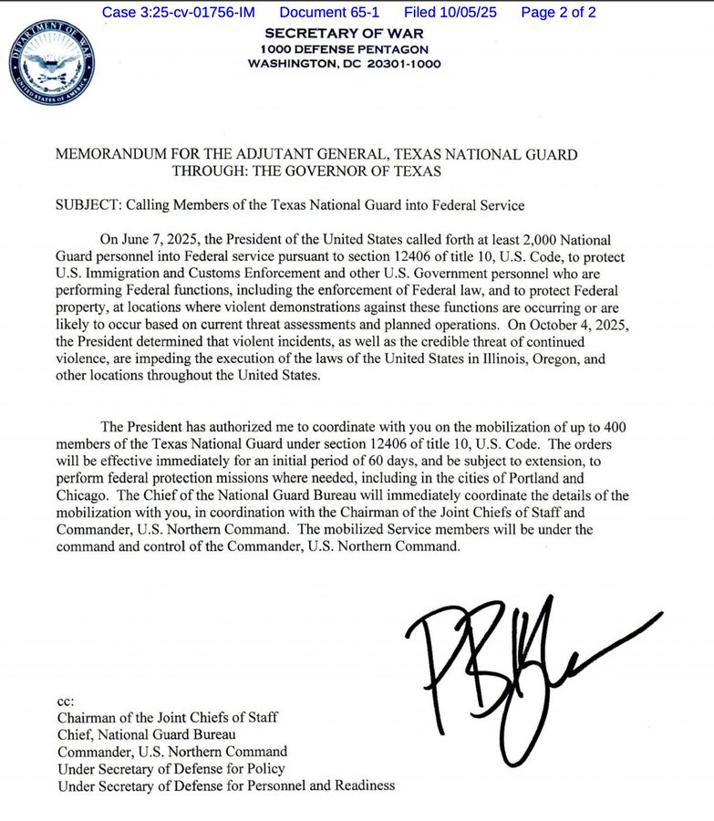 Memorandum detailing the mobilization of Texas National Guard members into federal service to address violent demonstrations and ensure enforcement of federal law.