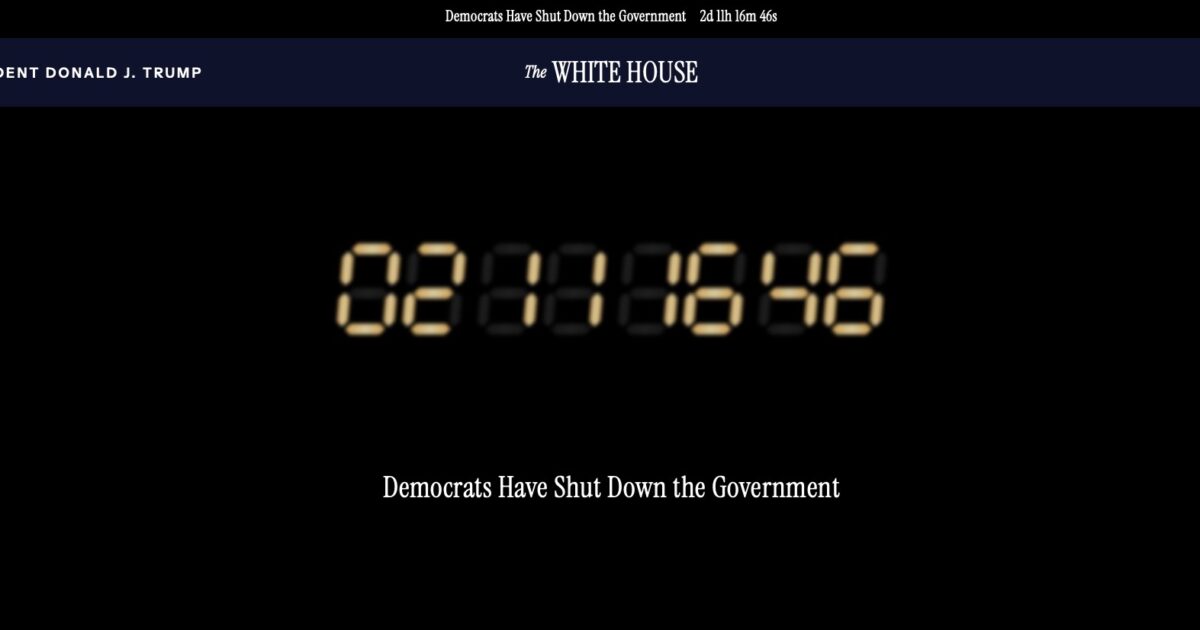 Digital countdown timer displaying 2 days, 11 hours, 16 minutes, and 46 seconds, with text indicating government shutdown attributed to Democrats.