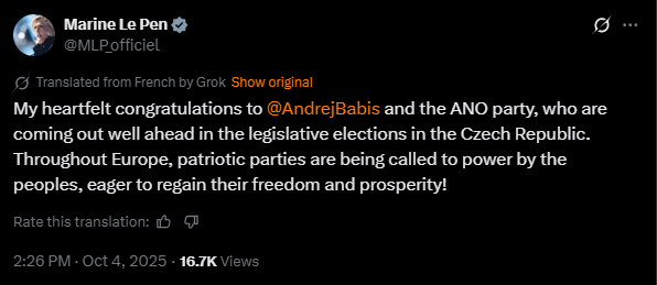 Image of a tweet by Marine Le Pen congratulating Andrej Babis and the ANO party for their success in the Czech Republic legislative elections, highlighting the rise of patriotic parties in Europe.