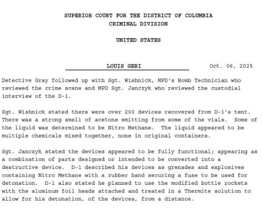 Court document detailing an investigation involving explosives and hazardous materials recovered from a suspect's tent, including testimonies from detectives and bomb technicians.