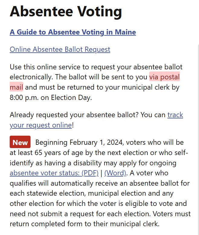 Absentee voting information for Maine, detailing online ballot requests, submission deadlines, and new eligibility guidelines effective February 2024.